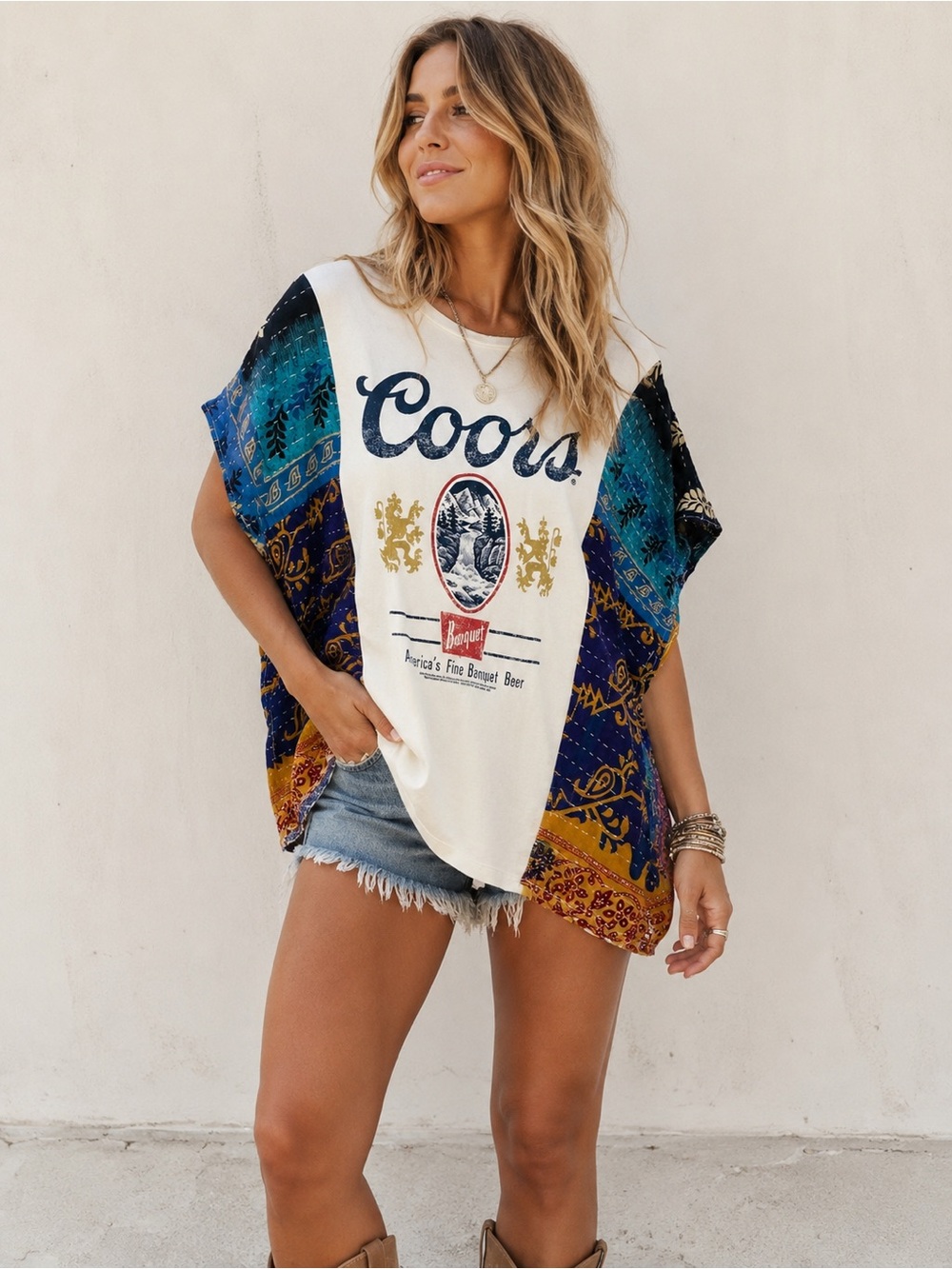 Upcycled COORS tshirt kantha poncho with sleeves